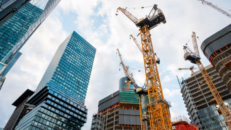 Construction works of multiple modern buildings and skyscrapers in Frankfurt downtown, Germany